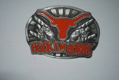 Texas Longhorns pewter belt buckle, Hook 'Em Horns design, licensed, numbered Cover