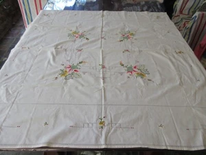 Vintage Embroidered Flowers Cotton Tablecloth 119 x 116 cms beautiful - Picture 1 of 14