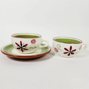 Cerámica Stangl Carnaval de colección 2 tazas de té y 1 platillo verde abstracto caprichoso - Imagen 1 de 10