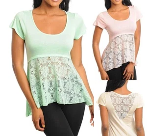 Crochet Lace Back Yoke & Front Skirting Cap Sleeve Babydoll Blouse Top - Picture 1 of 5