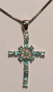 Collar Colgante Cruz Aguamarina Fabricación Marsala Esterlina 20" Largo De Colección - Imagen 1 de 5