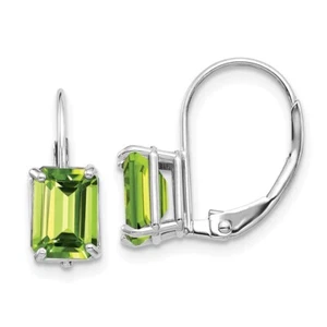 14k White Gold 2 Ct Emerald Cut Peridot Leverback Earrings for Mom - Picture 1 of 2