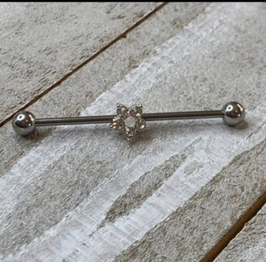 14 Gauge Synthetic Opal Flower Gem Industrial Barbell New Earring Cartilage 1.5” - Picture 1 of 1
