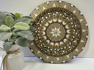 Gold Earth tones Mandala On A Decorative Wooden Plate - By JaDeL - Picture 1 of 9
