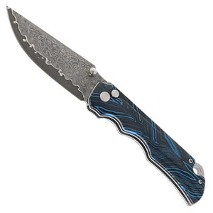 Two Sun Folding Knife Blue/Black G10 Handle Damascus Clip Point Plain Edge TS598 - Picture 1 of 6