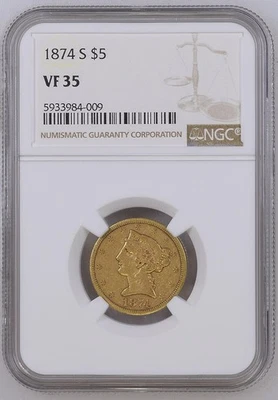 1874-S $5 Liberty Head Gold Coin NGC VF 35 – Rare Collectible - Image 1 of 2
