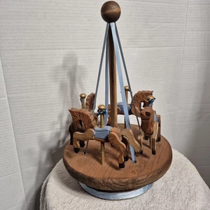 Vintage handgefertigter hölzerner Maistab Pferd Karussell Volkskunst Band Spinner 12" hoch - Bild 1 von 17