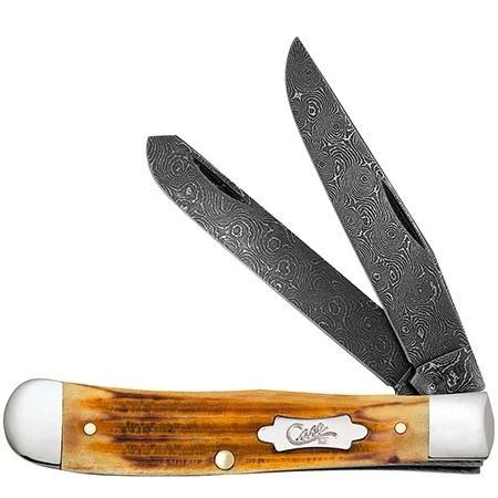 Case xx Knife Trapper Jigged Burnt Goldenrod Bone 52420 Damascus Pocket Knives - Image 1 of 1