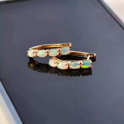 2Ct Oval Cut Lab-Created Fire Opal Huggie Hoop Earrings 14k Yellow Gold Plated - Image 1 of 4