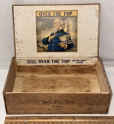 ANTIGUA CAJA DE CIGARROS DE MADERA OVER THE TOP FUMAR TABACO TÍO SAM PATRIÓTICA FLORIDA Foto 1 de 4