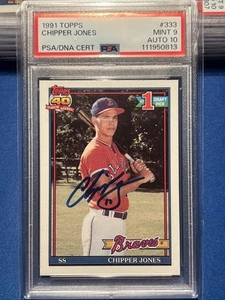 Chipper Jones 1991 Topps Firmado Novato RC #333 Tinta Azul PSA 9 10 Automático Salón de la fama Cantidad - Imagen 1 de 2