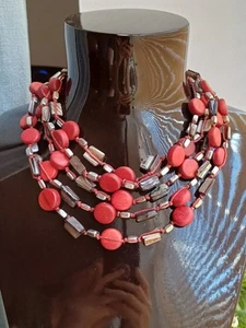Striking Layered Grey Mother Of Pearl & Red Wooden Beaded Necklace - Picture 1 of 15