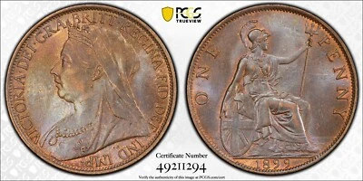 Busto drapeado 1899 1D One Penny Reino Unido S-3961 graduación profesional MS63BN arco iris tono loco ejemplo Foto 1 de 4