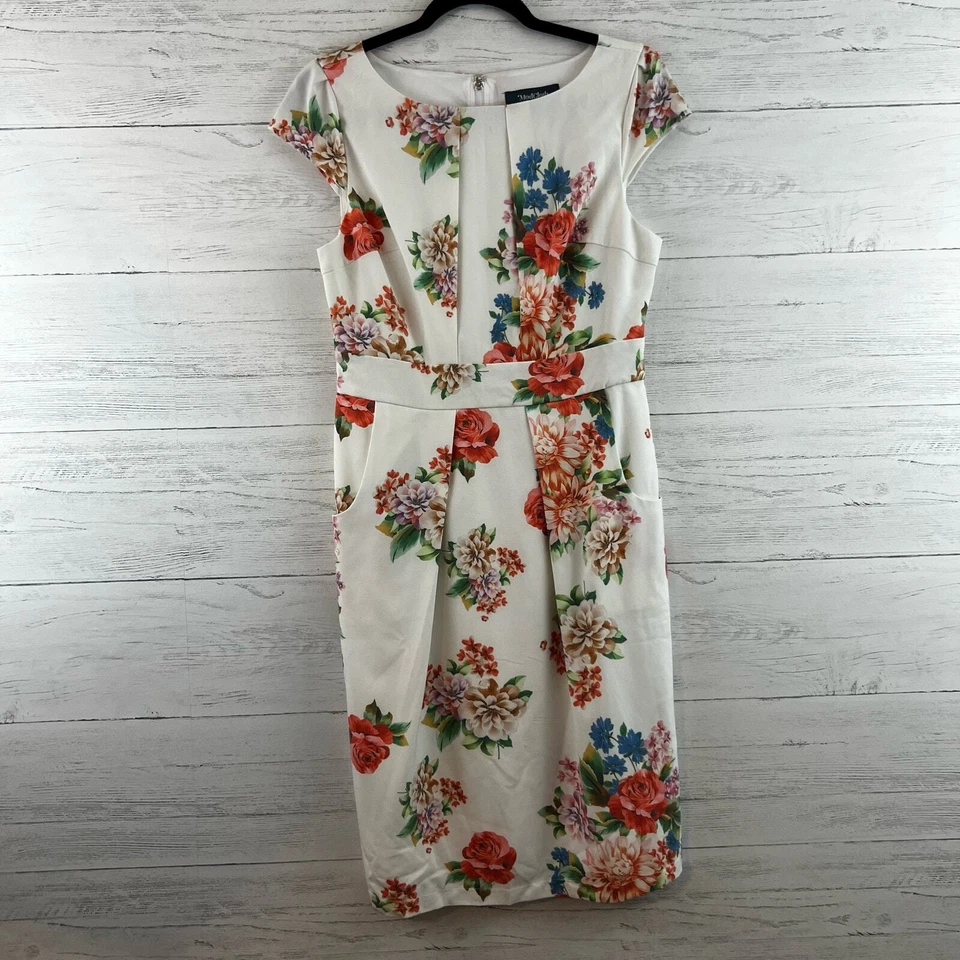 Vestido Modcloth Elegante Reflections Blanco Floral Bolsillo Talla M Foto 1 de 4