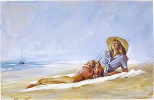 Len Thurston ""Stimme der Schildkröte"" Original Gouache Illustration Wasser Lavendel - Bild 1 von 3