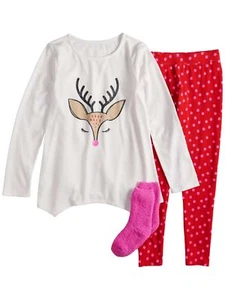 Girls White Reindeer Christmas Pajama set Holiday Sleep Set Small 7/8 - Picture 1 of 3