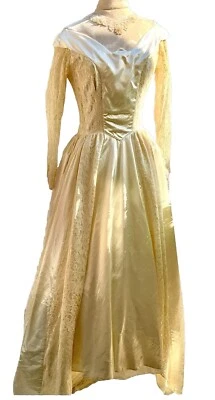 Slipper Satin 1930-1940s Candlelight Color Wedding Dress Lace Pearls Train Small - Image 1 of 4