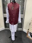 Mens Eid party Wedding Waistcoat Nehru jacket Maroon self print Indian Banarsi