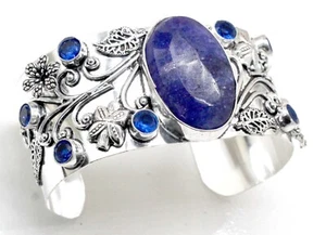 925 Sterling Silver Sodalite & Tanzanite Gemstone Jewelry Cuff Bracelet S-ADJ" - Picture 1 of 7