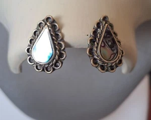 VINTAGE Earrings Pierced Multi Abalone Shell Alpaca Silver Teardrops Stunning. - Picture 1 of 14