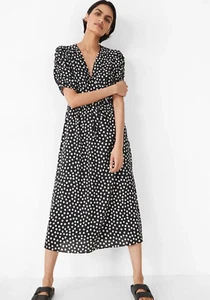 HUSH schwarz weiß gepunktet 40er Style Midi MELISA Tee Kleid UK 10 geraffte Ärmel - Bild 1 von 16