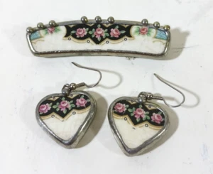 Juego de broches y pendientes de gancho de corazón con astillas de fragmento de porcelana tono rosa plata - Imagen 1 de 6
