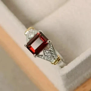 3Ct Emerald Cut Lab Created Garnet Engagement Ring in 14K White Gold Plated - Picture 1 of 5