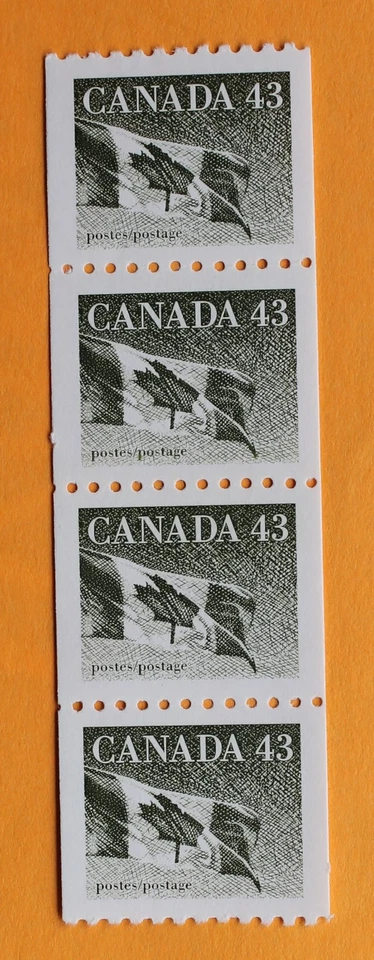 Tira de bandera de Canadá 43 centavos # 1395 rollo sello (bobinas) 1992 MNH Foto 1 de 1