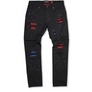 Makobi Distressed Ripped Sanded Biker Jeans Red Blue Splatter Paint Black 36x32 - Picture 1 of 10