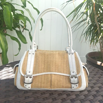 Cole Haan Amanda Bolso de Mano de Paja Cuero Blanco Hebilla Doble Asa Solapa Cartera Foto 1 de 4