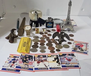 Vintage Junk Drawer Lot Men's Seiko Watch Zippo Lighter World Coins Cards More - Picture 1 of 23