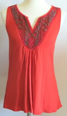 Camisa Maurices Mujer Mediana Roja Camiseta sin Mangas Corredor Espalda Adorno de Cuentas Festival Boho Foto 1 de 4