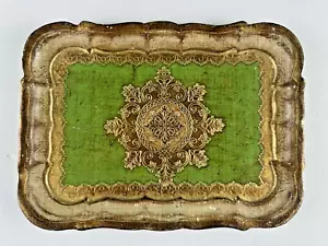 Vassoio vanità boudoir fiorentino italiano dipinto a mano vintage verde oro dorato - Foto 1 di 9