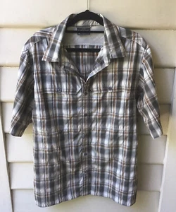 KATHMANDU Grey Check Shirt M Tan Pockets Logo Mens Short Sleeve Medium As New - Picture 1 of 8