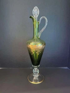 Antique Crystal Ewer Decanter Diamond Stopper Green & Gold Excellent Condition - Picture 1 of 12