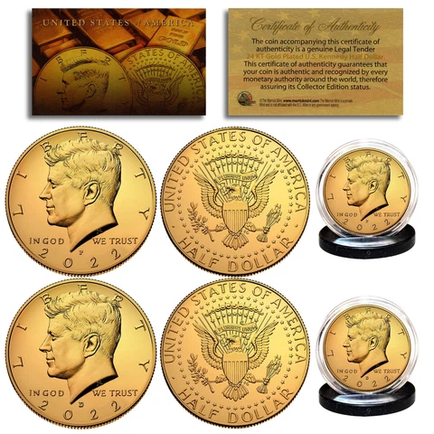 24K GOLD PLATED 2022-P JFK Kennedy Half Dollar Coin (P Mint) BUY 1 GET 1 FREE Cover