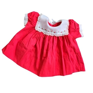 Vintage Sears M 6-9 Month Red White Dress Lace Edging 80s 90s Embroidered Dress - Picture 1 of 9