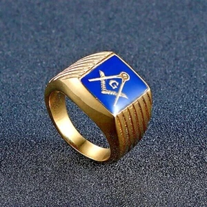 Vintage Square Masonic Signet Ring Stainless Steel Men's Gothic Hiphop Punk Ring - Picture 1 of 5