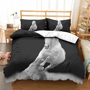 3D White Horse Running Black Quilt Cover Set Bedding Sets Pillowcases 64 - Picture 1 of 7