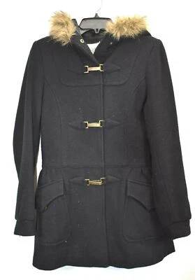 Abrigo con capucha BKE para mujer negro manga larga a presión ribete de piel sintética mezcla de lana S Foto 1 de 4