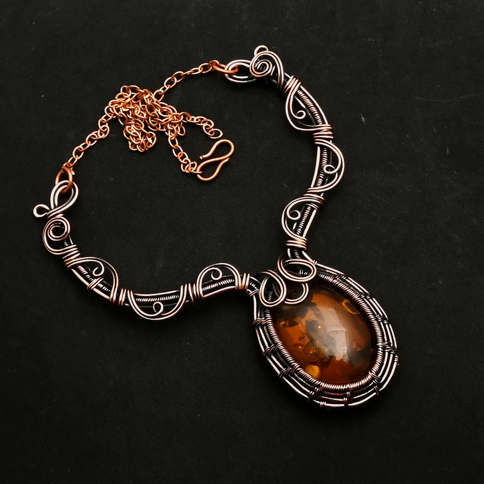 Collar de alambre de cobre hecho a mano étnico de piedras preciosas ámbar joyería 30 gramos AN 15192 Foto 1 de 1
