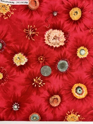 Fabric FLOWER CENTERS Julie Golimowski clothworks 1 yard Red Background - Image 1 of 4