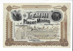 IDAHO 1892 Lemhi Placer Mining Company Stock Certificate Salmon - Picture 1 of 2