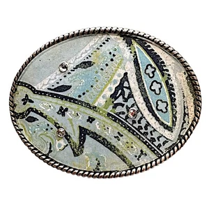 Silberfarbene Legierung Metall und Emaille Intarsien ovale Gürtelschnalle 3 3/4”x 2 3/4” - Bild 1 von 3