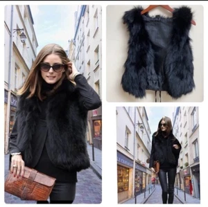Black Real Fox Fur Cropped Knit Vest Size S - Picture 1 of 6