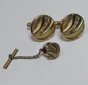 SET Cuff links Tie Tac Brushed with leaf pattern 3/4" - Picture 1 of 6