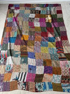 Taj Hotel Kantha Colorful Patchwork Silk Rayon Throw Blanket 58x82 - Picture 1 of 8