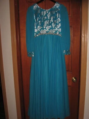 Vintage 50's 60's Turquoise Blue Party Formal Dress Silver Sequin Accents Long - Image 1 of 3