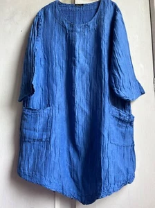 ✩Gorgeous *GRIZAS* Blue Textured Silk Linen Pockets Kaftan Tunic Dress L✩ - Picture 1 of 6