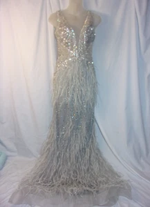 Silver Sheer Sequin Feather Gown By Camille Very Hollywood Glamour (2) VGc - Picture 1 of 8